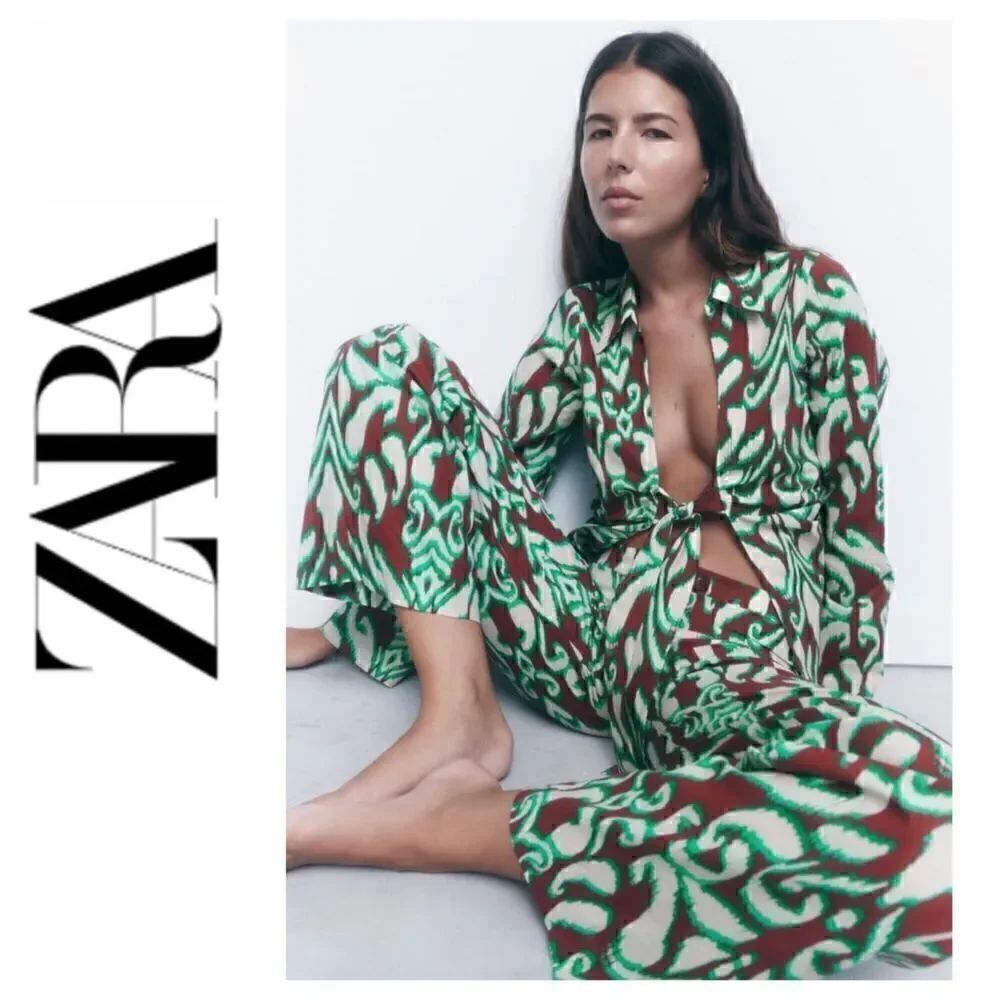 NWT Zara The Selena Blouse Printed Collared V-Neckline Tie Front Long Sleeve Top